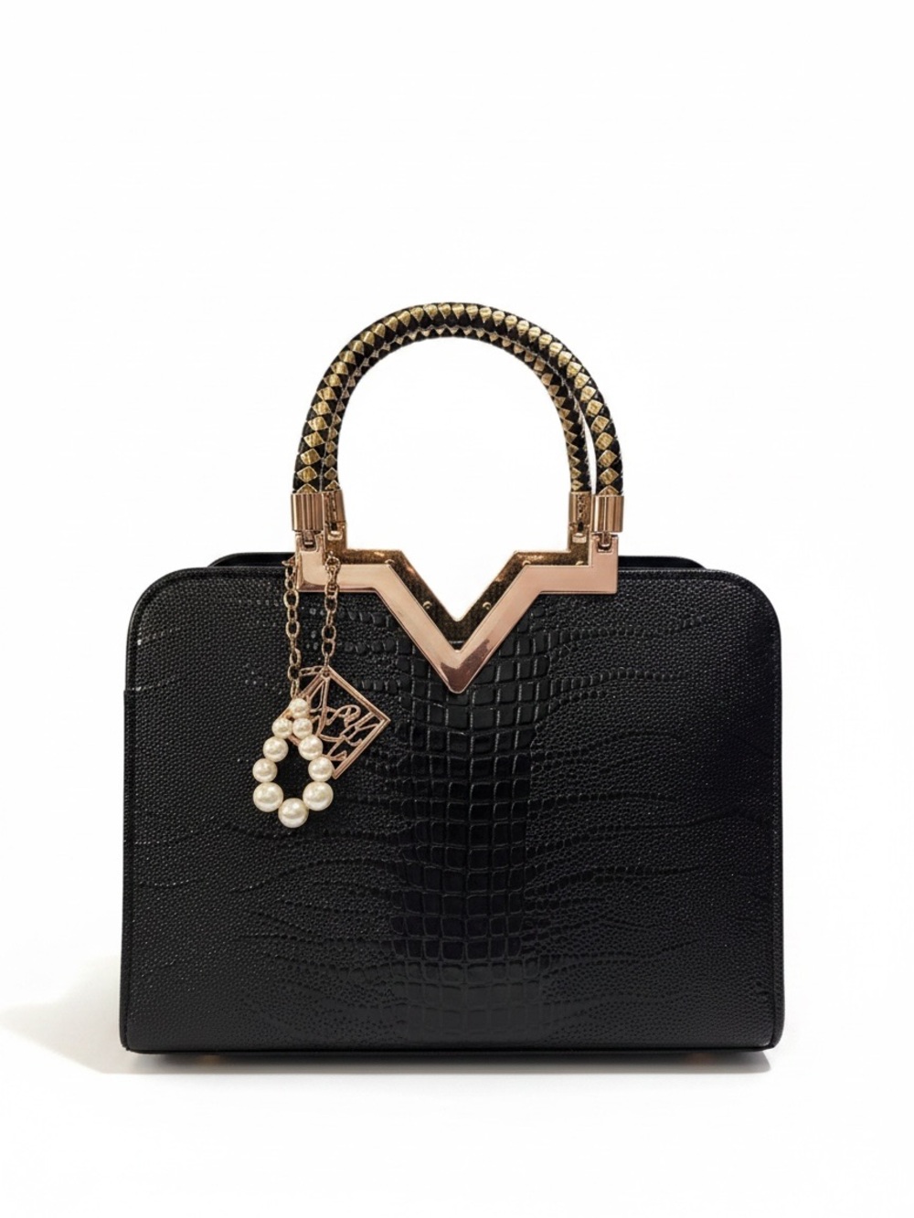 Black Croc Embossed Structured Satchel Handbag